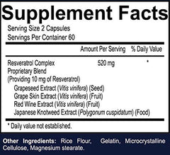 Your Nutritionist Resveratrol ingredients panel showing vegan formula and GMP manufacturing.