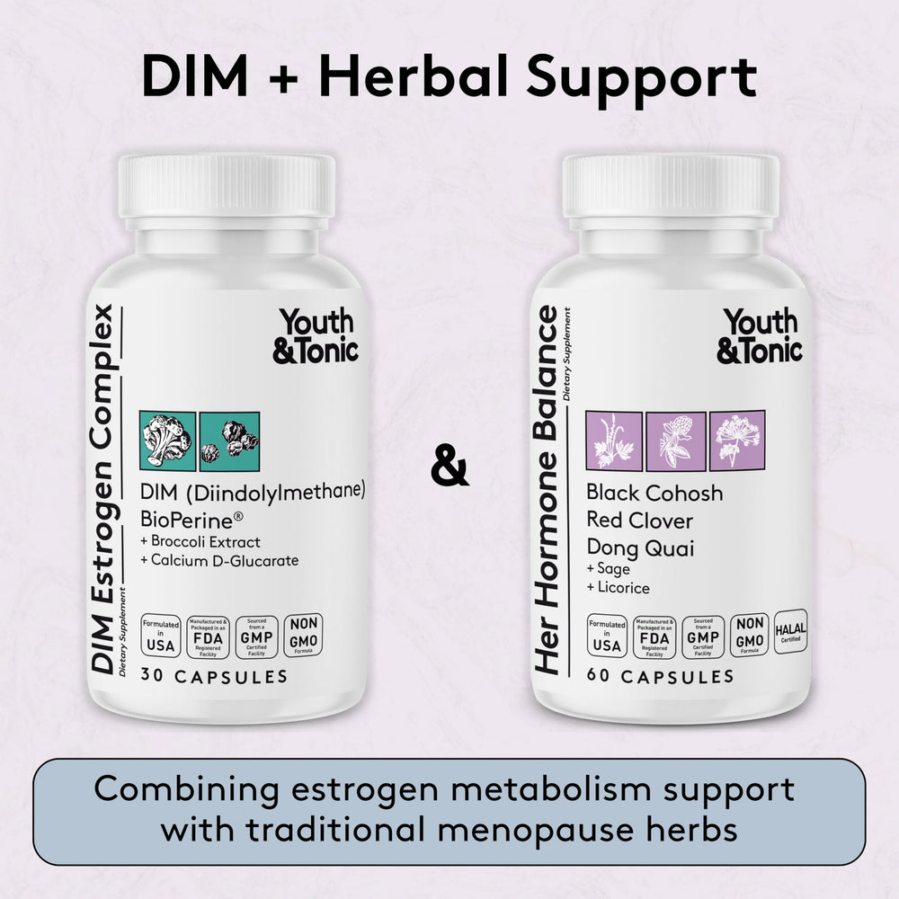 Close-up of Youth & Tonic DIM estrogen complex capsules.