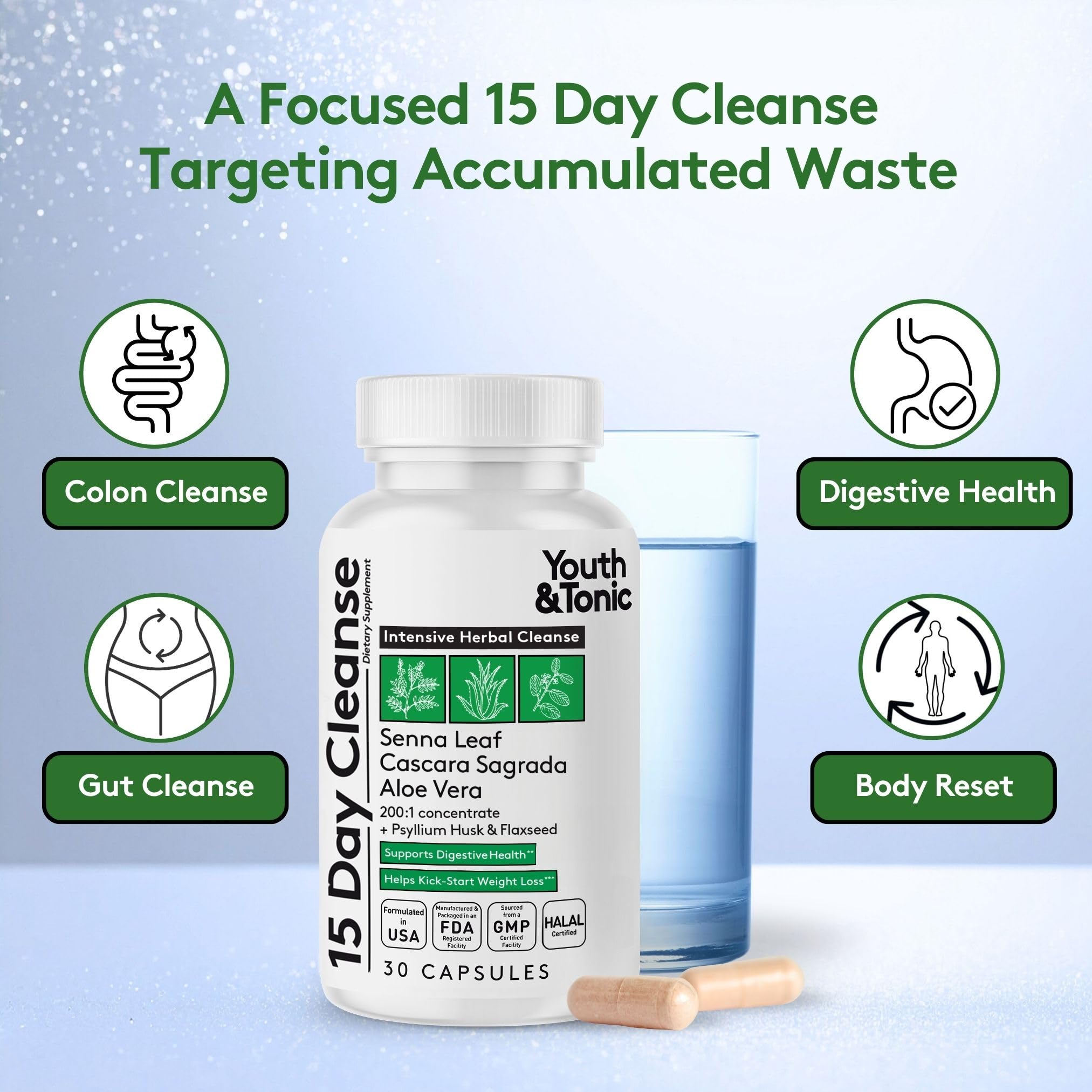 Youth & Tonic 15 Day Cleanse bottle back label with dosage guidance for regular use