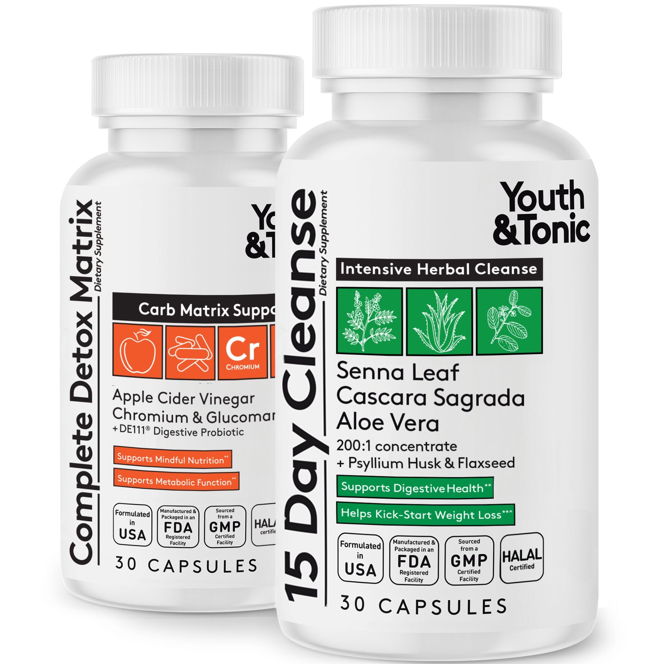 Youth & Tonic 15 Day Cleanse bottle close-up highlighting digestive reset and bloating relief
