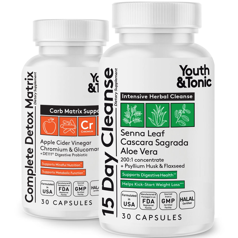 Youth & Tonic 15 Day Cleanse bottle close-up highlighting digestive reset and bloating relief