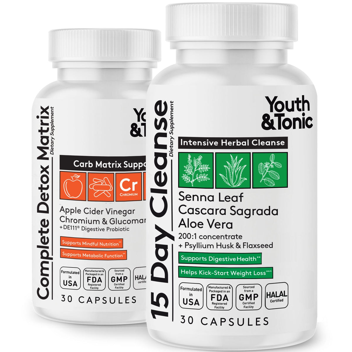 Youth & Tonic 15 Day Cleanse bottle close-up highlighting digestive reset and bloating relief