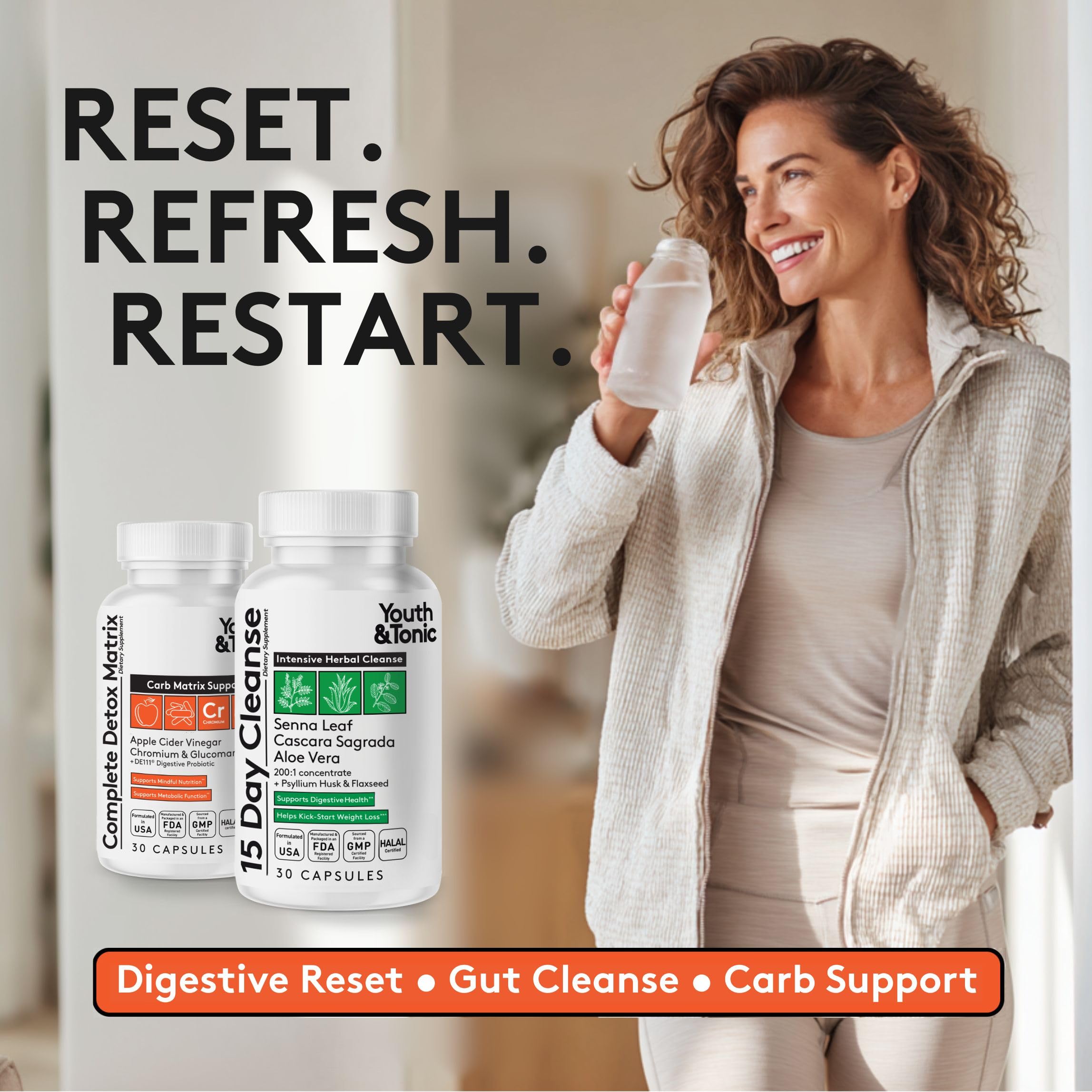 Youth & Tonic 60-pill pack showing two formulas for a 15-day digestive reset
