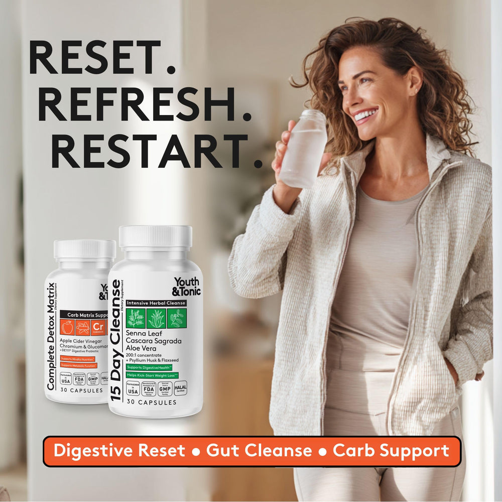 Youth & Tonic 60-pill pack showing two formulas for a 15-day digestive reset