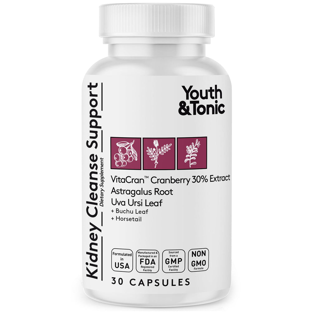 Youth & Tonic Kidney Cleanse bottle front with cranberry blend promoting urinary wellness