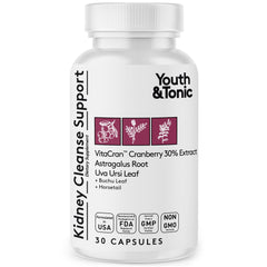 Youth & Tonic Kidney Cleanse bottle front with cranberry blend promoting urinary wellness