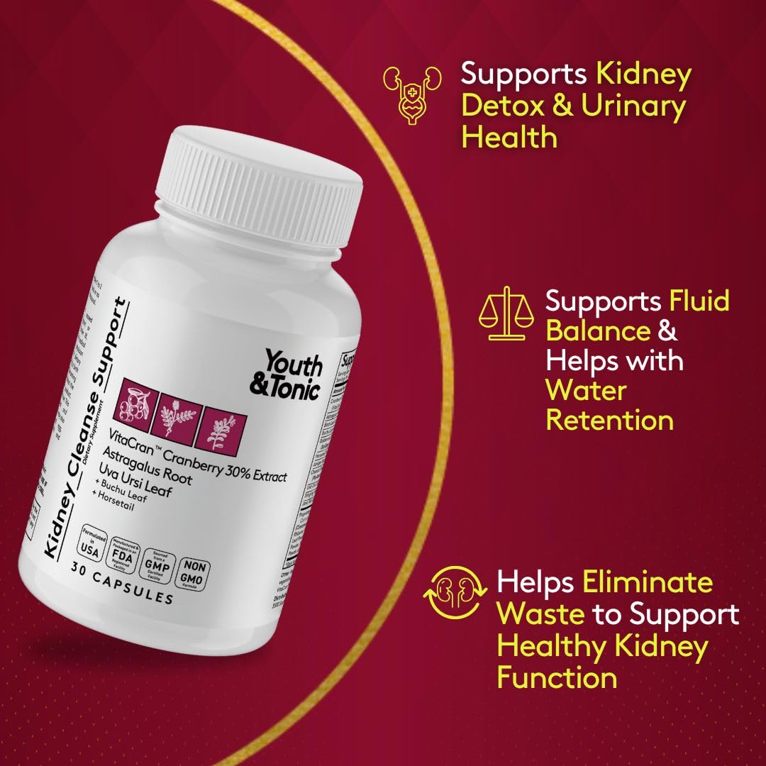 Youth & Tonic Kidney Cleanse daily dosing with water suggests an easy 1–2 capsule routine