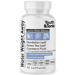Youth & Tonic Water Weight Away bottle front showing herbal diuretic formula for bloating relief