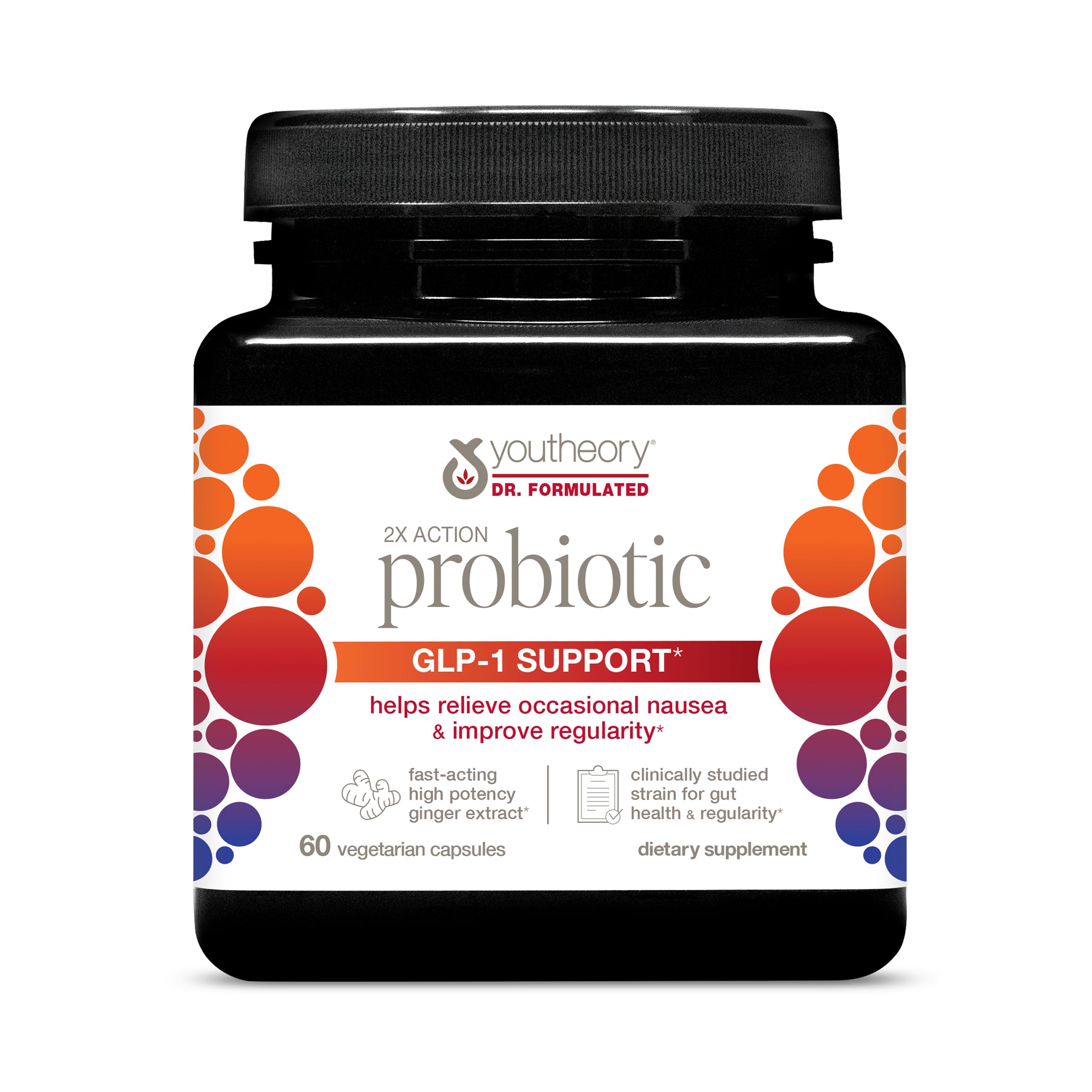 Youtheory 2X Action Probiotic bottle front supports gut balance for daily comfort