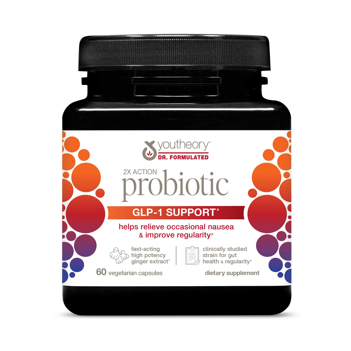 Youtheory 2X Action Probiotic bottle front supports gut balance for daily comfort