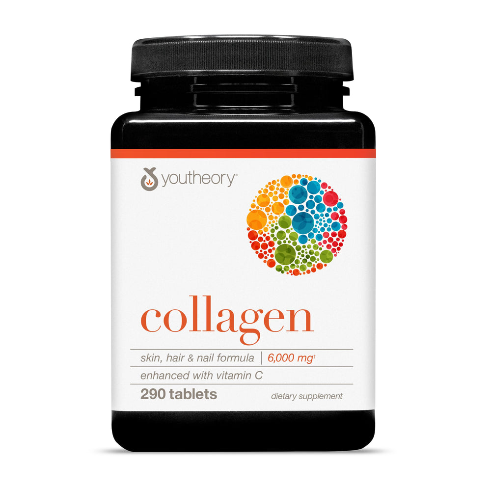 Youtheory Advanced Collagen bottle front shows 6000 mg formula for daily support
