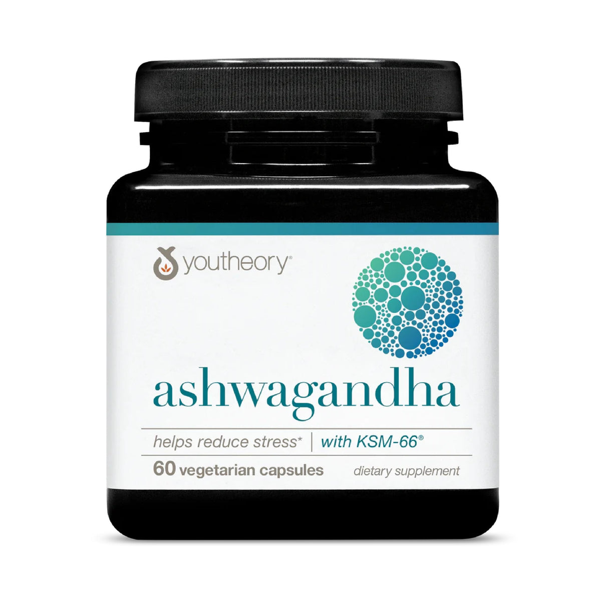 Youtheory Ashwagandha bottle close-up for daily stress support.