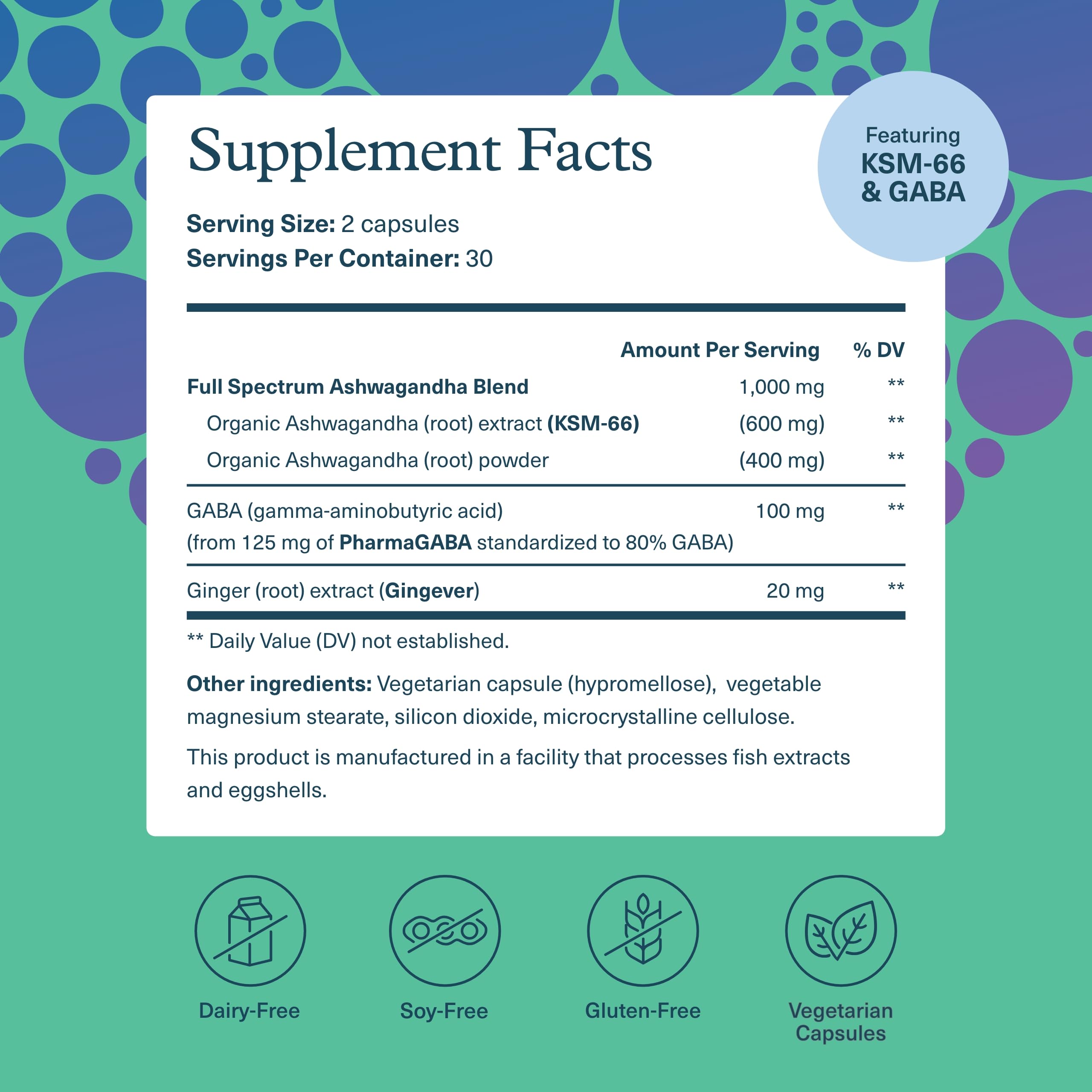 Youtheory Ashwagandha + GABA bottle side view highlighting labeled ingredients.