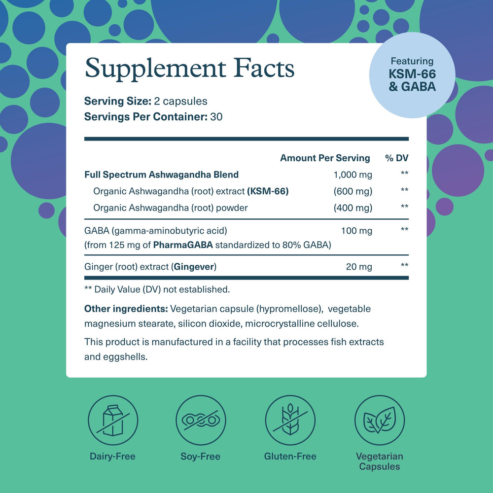 Youtheory Ashwagandha + GABA bottle side view highlighting labeled ingredients.
