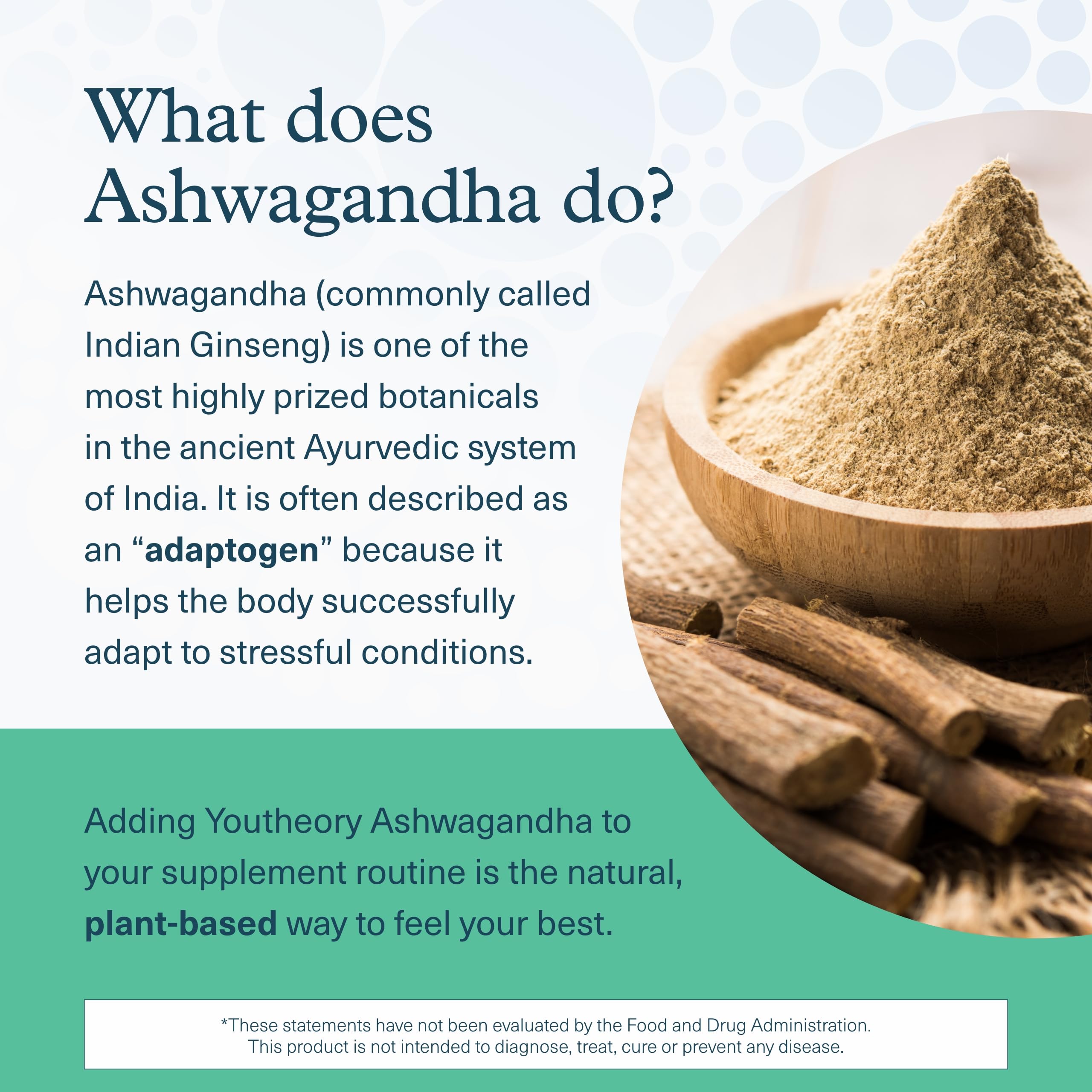 Youtheory Ashwagandha + GABA ingredients panel highlights organic KSM-66 and ginger.