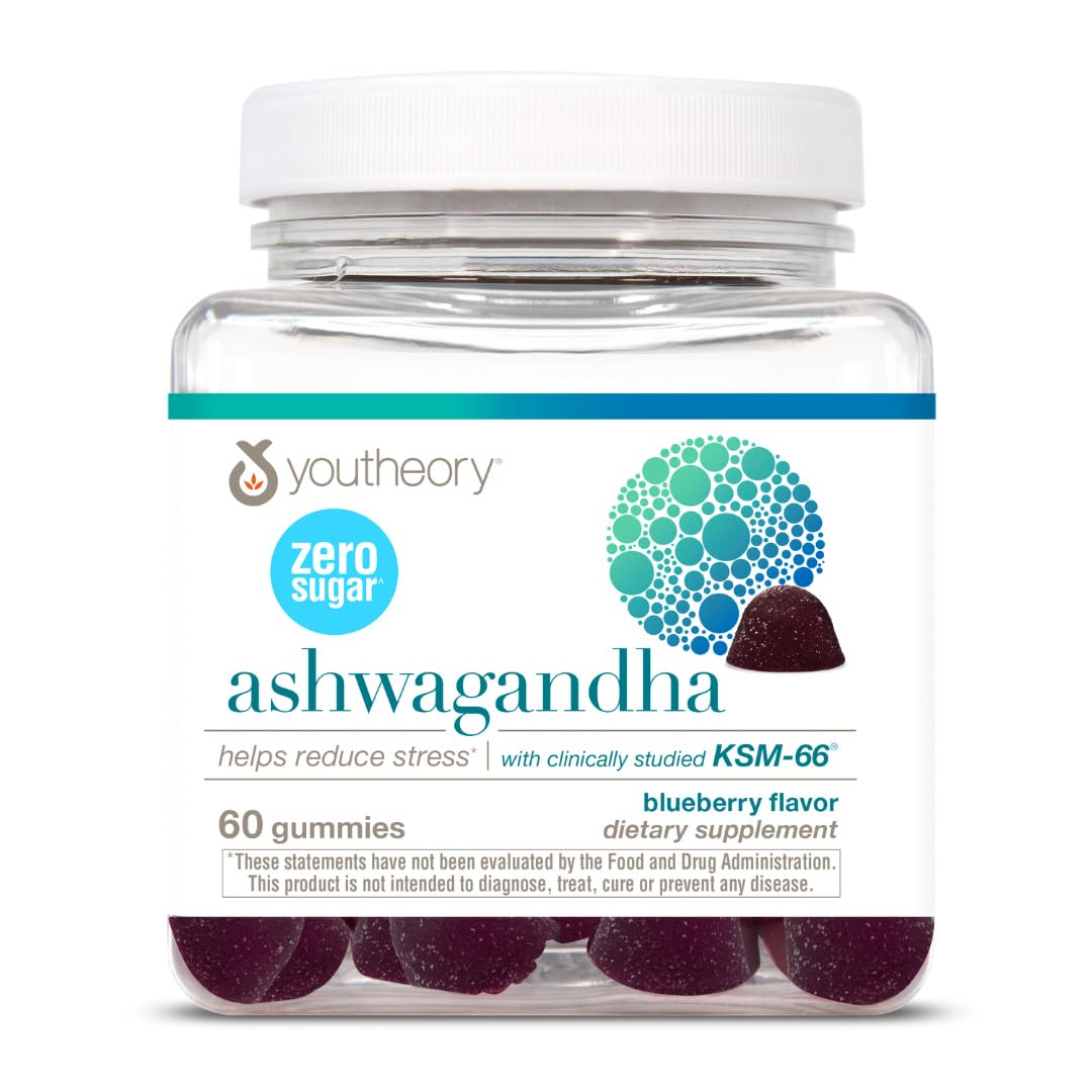 Youtheory Ashwagandha Gummies, empaque frontal, apoyo al estrés