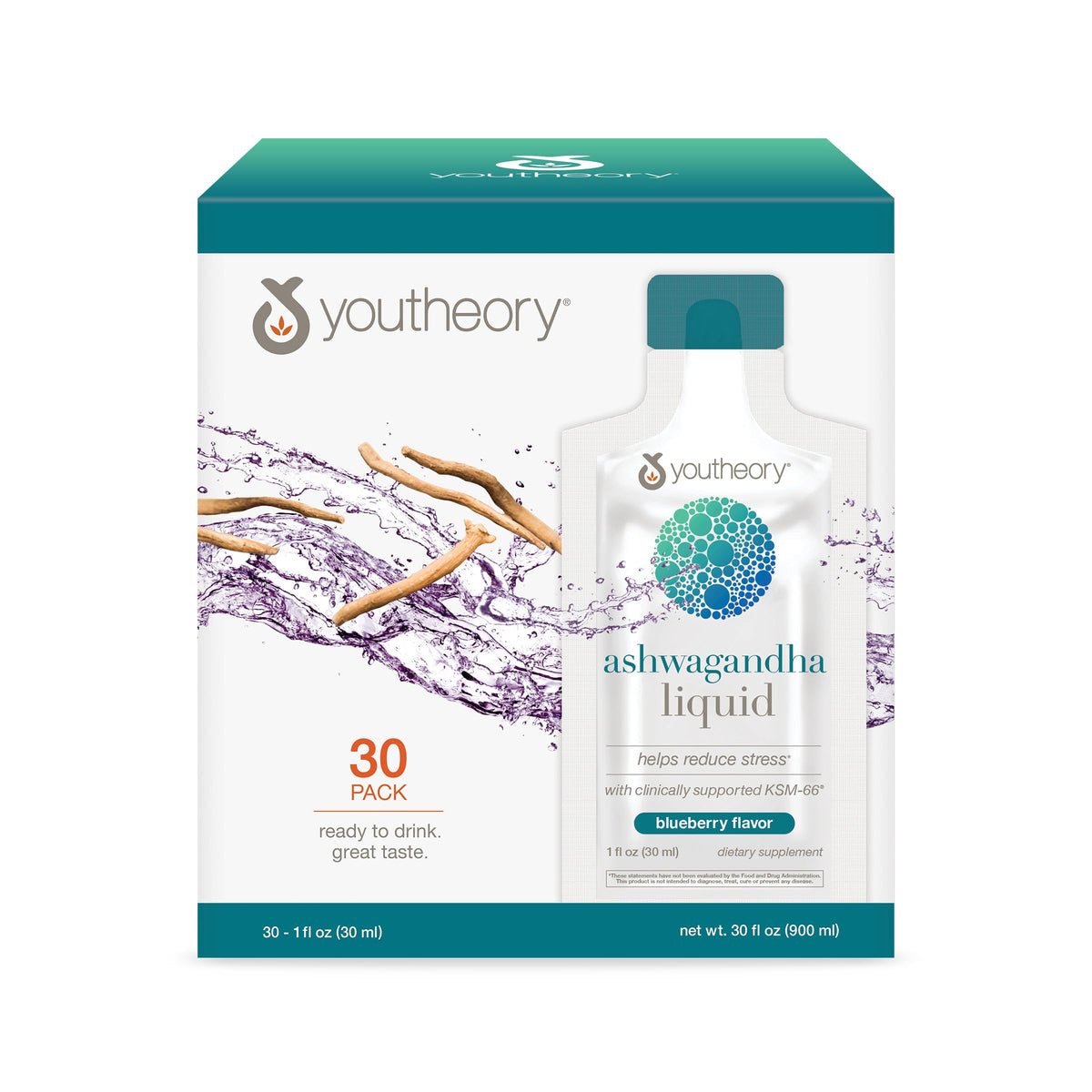 Youtheory Ashwagandha Liquid bottle, for on-the-go stress support and daily routine