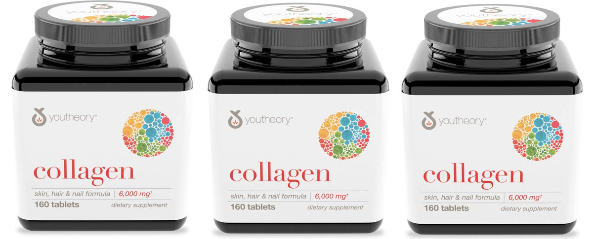 Youtheory Collagen Advanced Formula bottle with 160 tablets for skin and joints support.