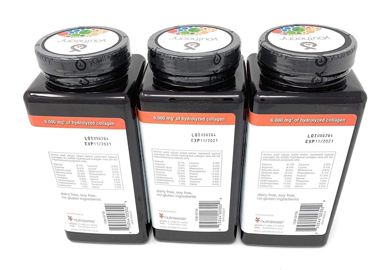 Youtheory Collagen Advanced Formula bottle back displays ingredients and vitamin C for daily wellness.