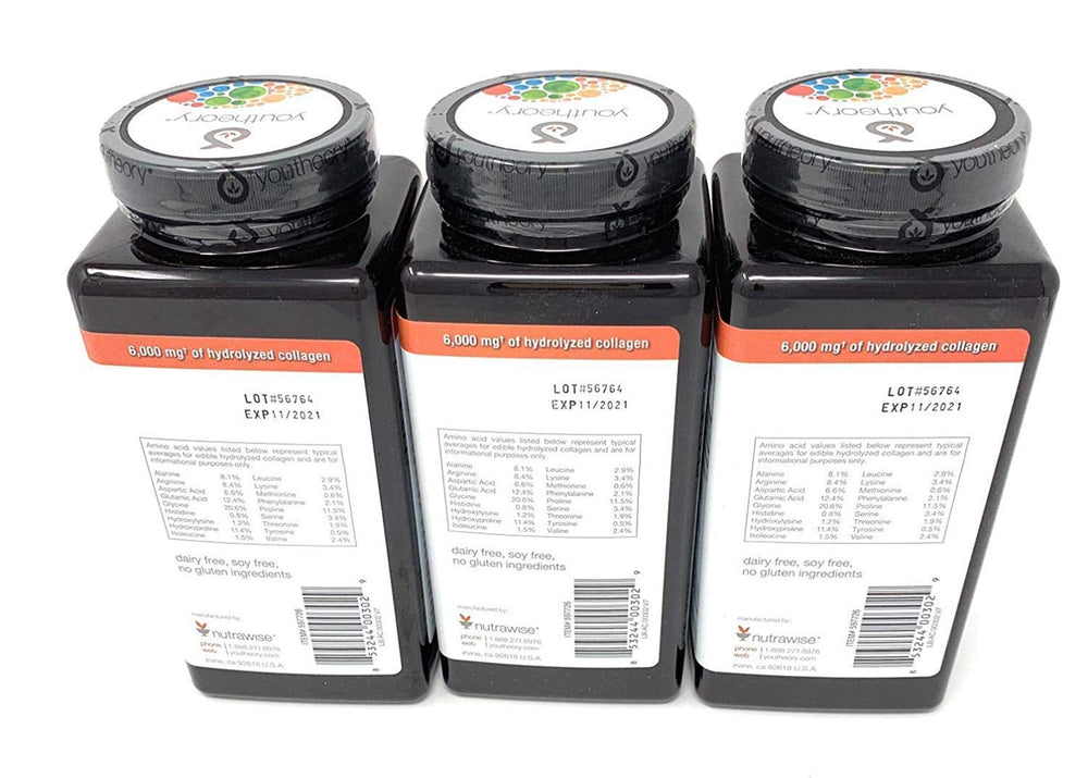 Youtheory Collagen Advanced Formula bottle back displays ingredients and vitamin C for daily wellness.