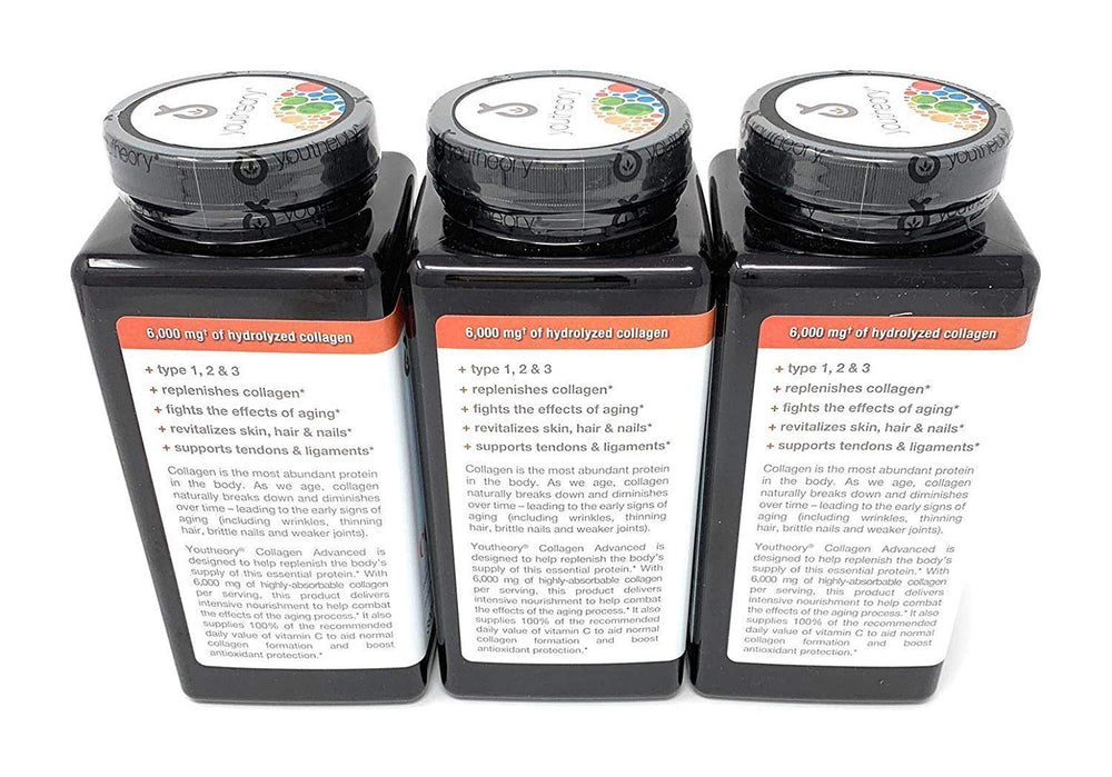 Youtheory Collagen Advanced Formula capsules close-up highlights hydrolyzed collagen benefits.