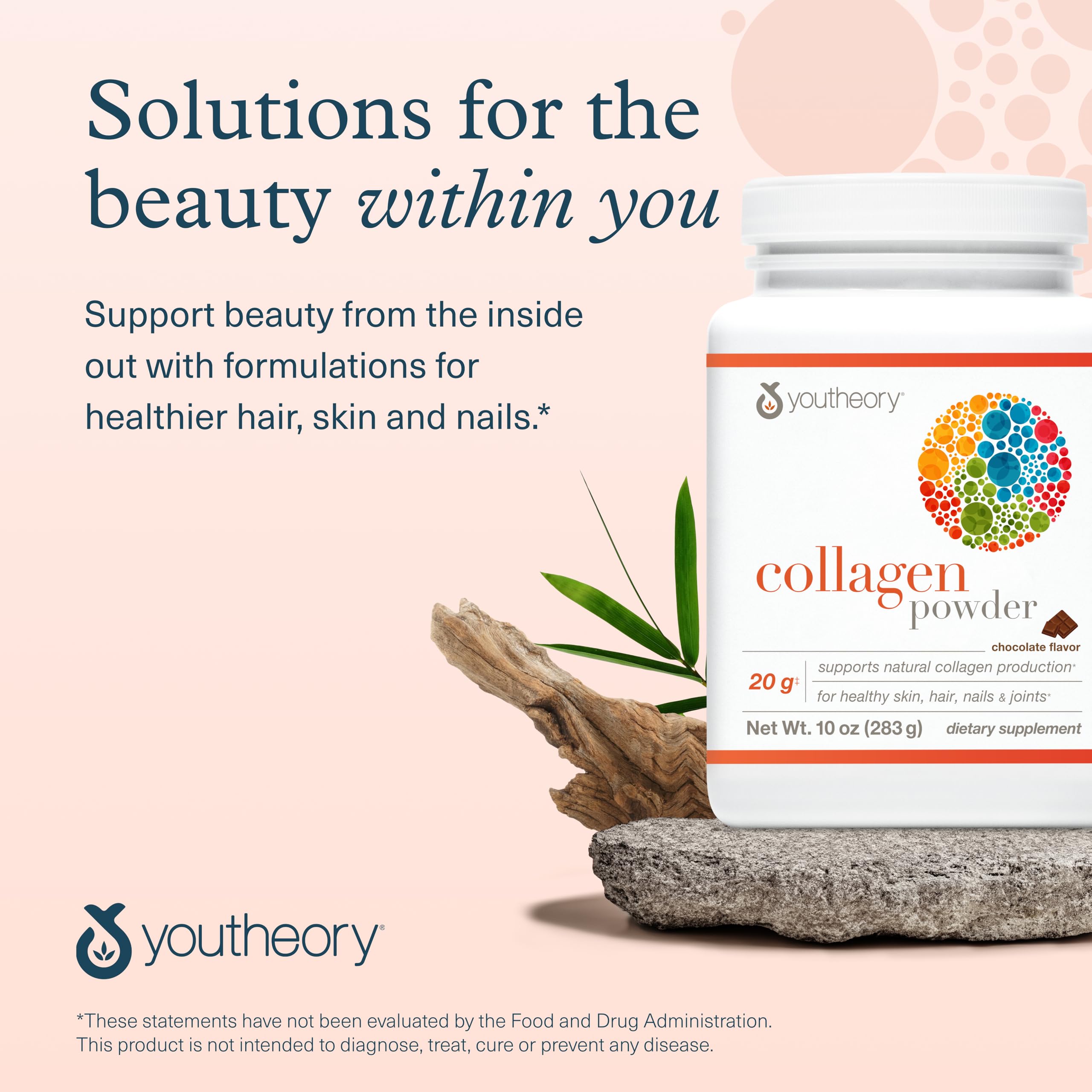 Youtheory collagen powder chocolate flavor in a lifestyle shot for wellness.