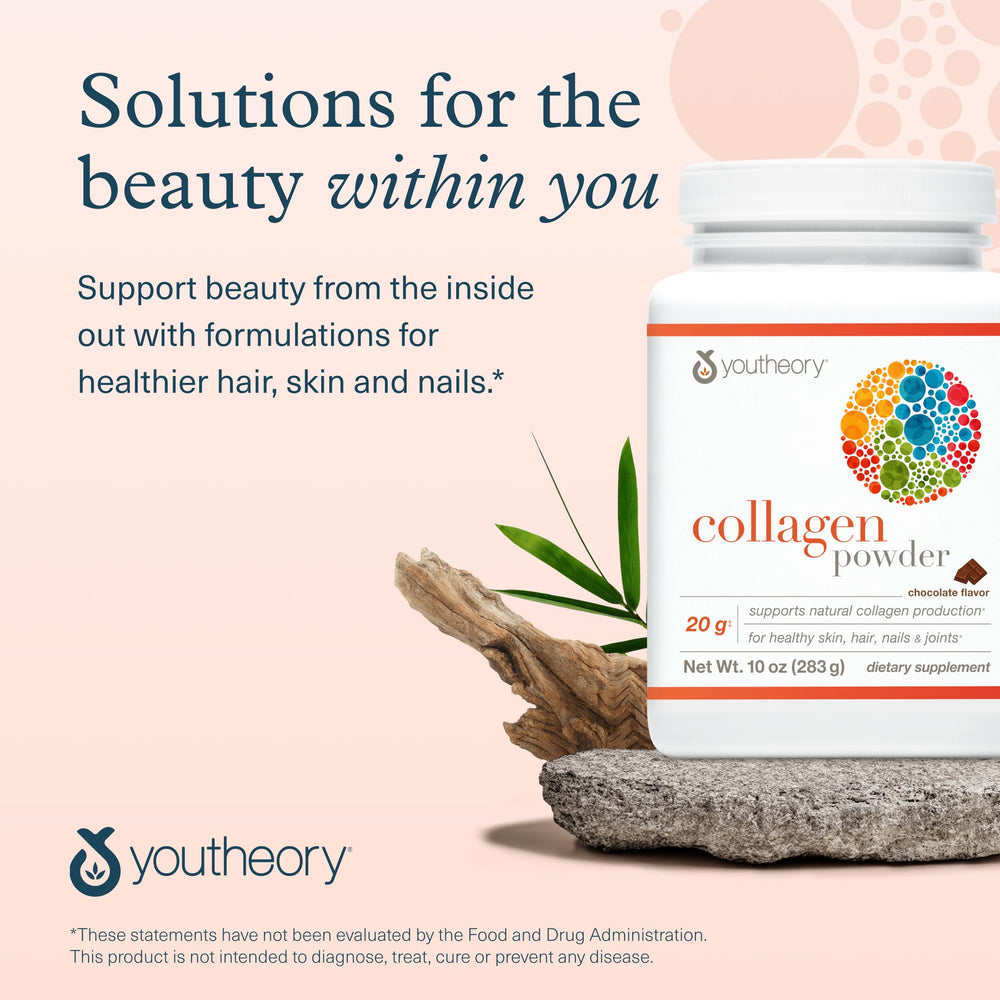Youtheory collagen powder chocolate flavor in a lifestyle shot for wellness.