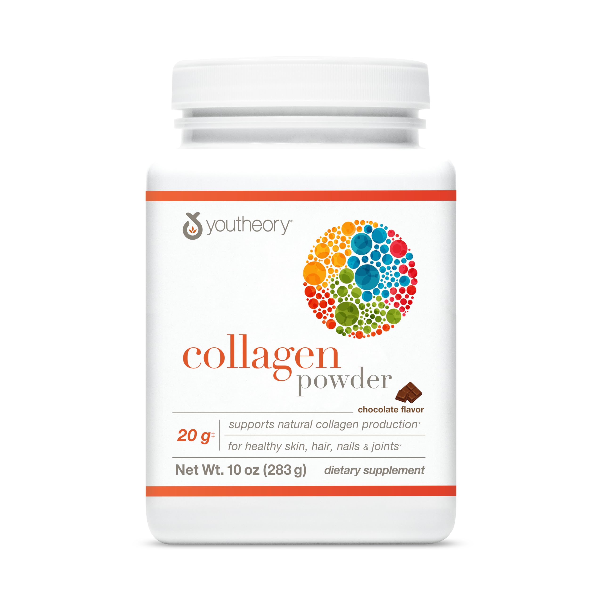Youtheory chocolate collagen powder tub front showing premium packaging and serving size.