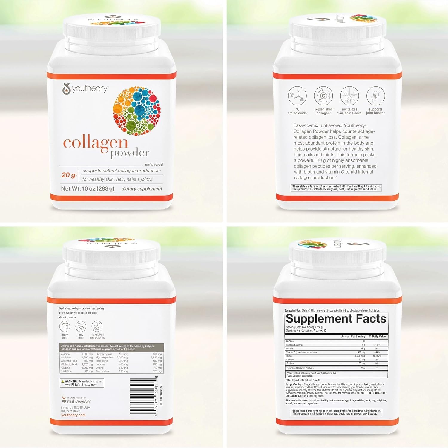 Close-up showing Youtheory collagen powder quality and GMP badge