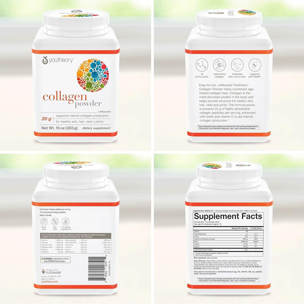 Close-up showing Youtheory collagen powder quality and GMP badge