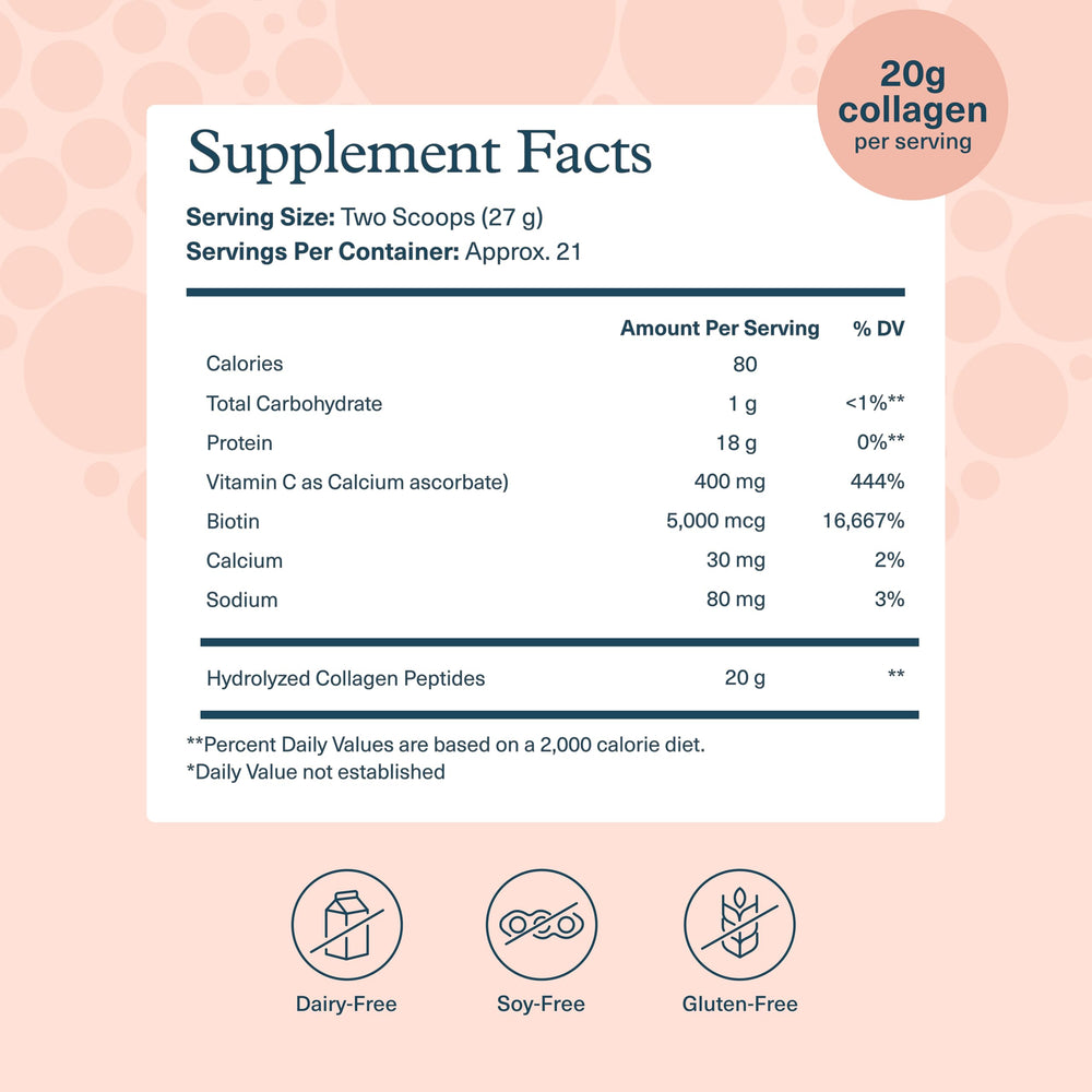 Youtheory collagen powder container label showing potency and serving size.