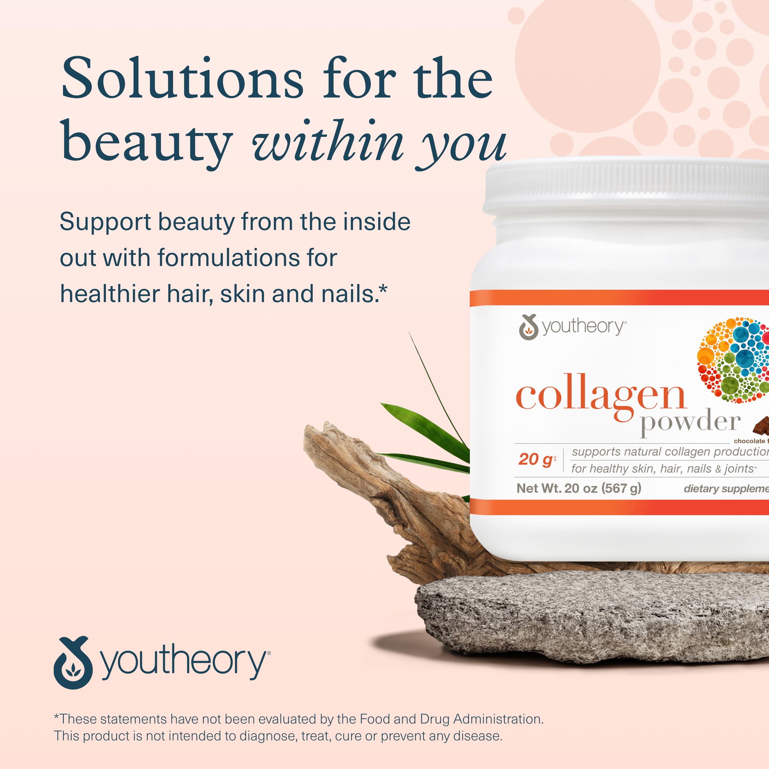 Youtheory collagen powder front of jar highlighting chocolate flavor.