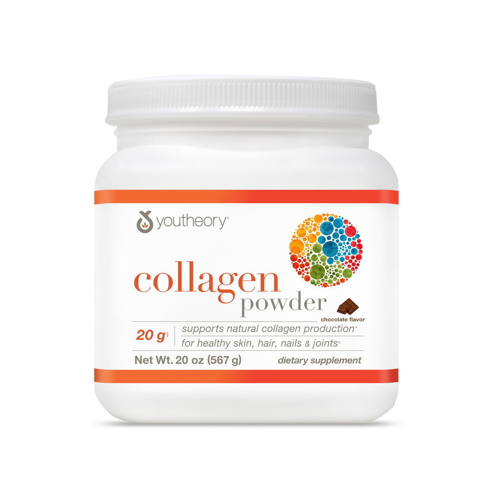Youtheory collagen powder jar with pour spout for easy daily mixing.