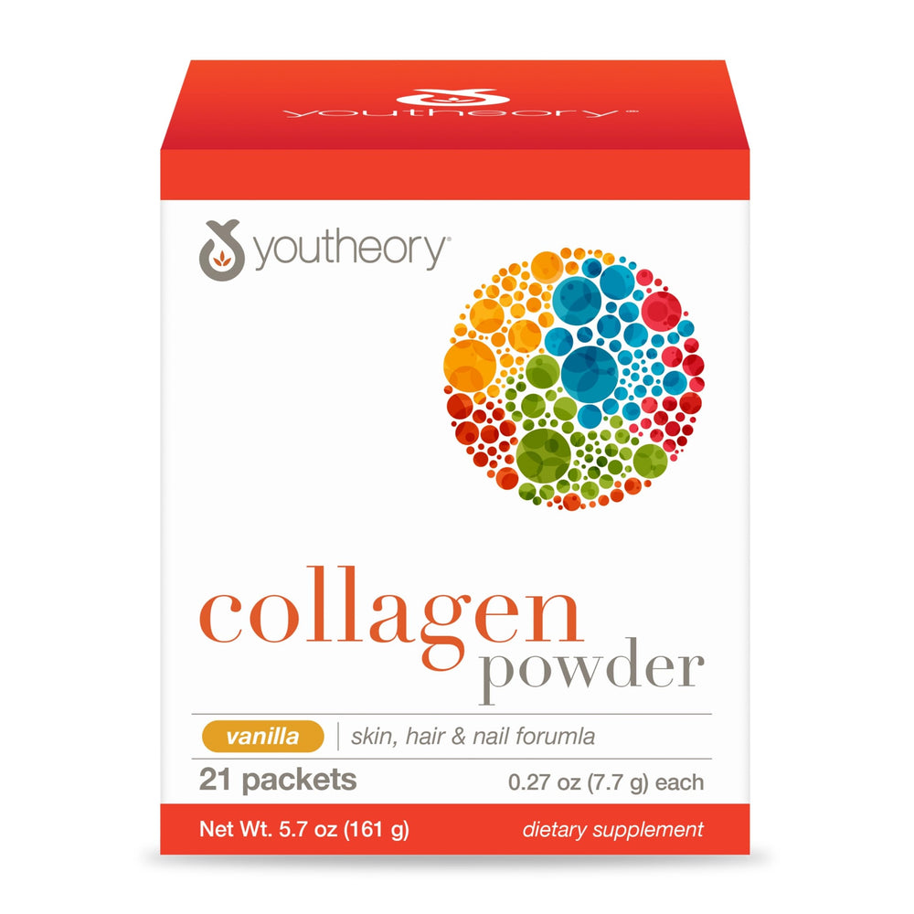 Youtheory Collagen Powder Vanilla packaging shown for daily wellness routine