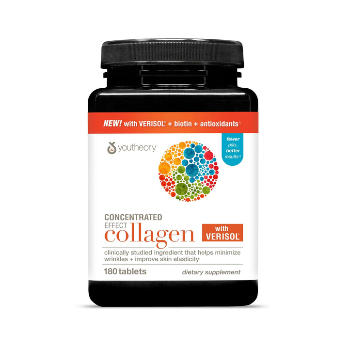 Youtheory Concentrated Effect Collagen Verisol bottle highlights the formula for hair, nails, and joints.