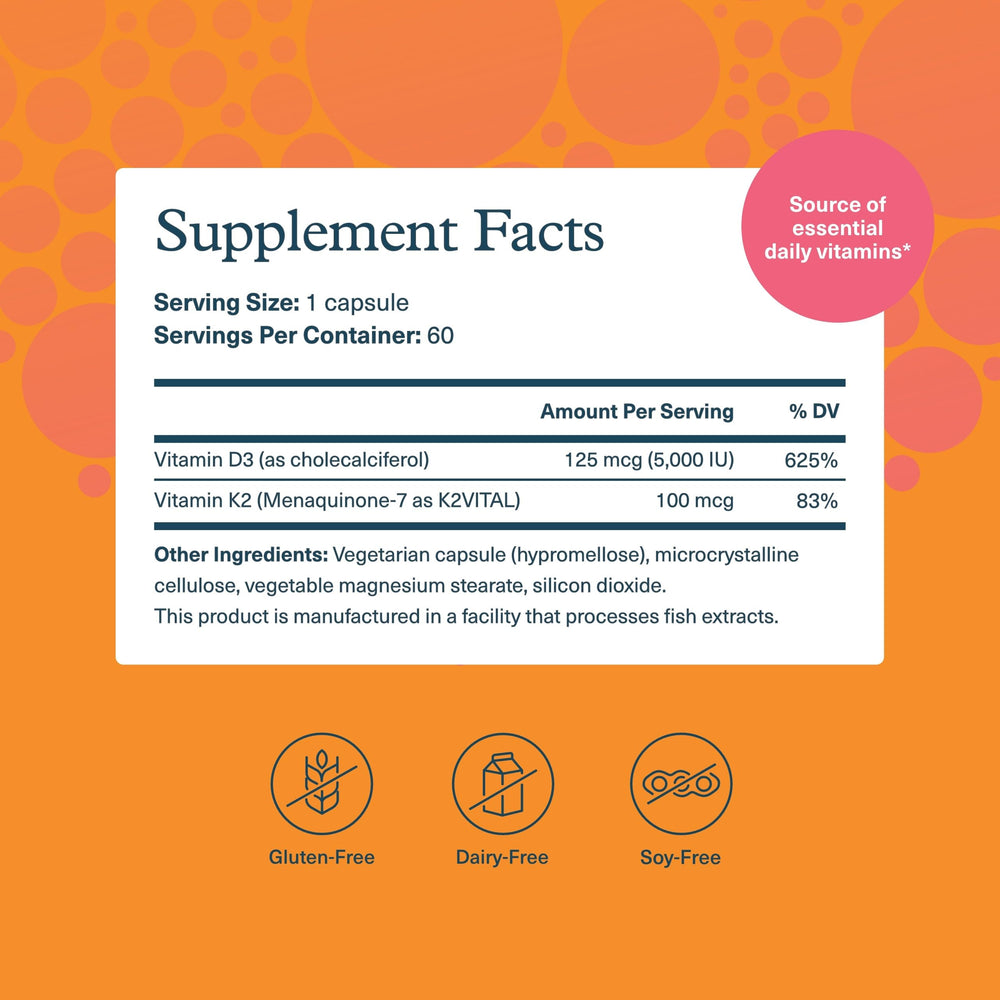 Close-up of Youtheory K2D3 bottle label highlighting D3 and K2 ingredients.