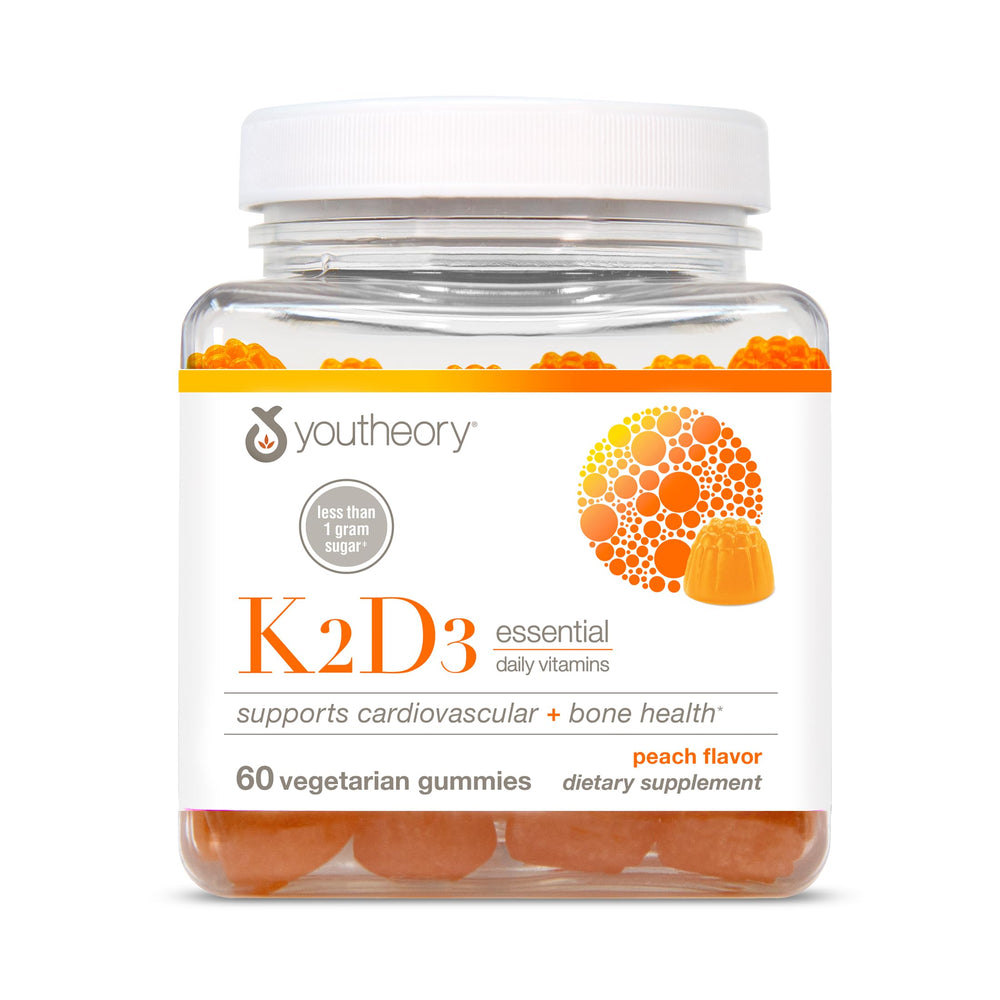 Gomitas Youtheory K2D3 sabor durazno para apoyo a la salud ósea y cardíaca.