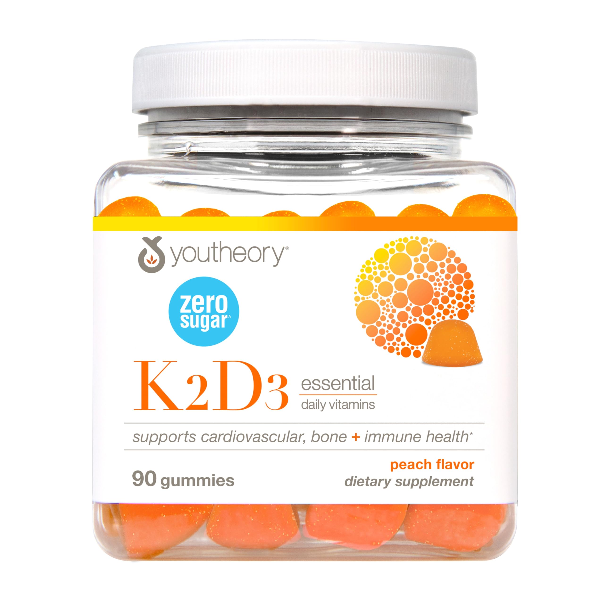Youtheory K2D3 zero sugar gummy bottle shown for daily bone and heart support.