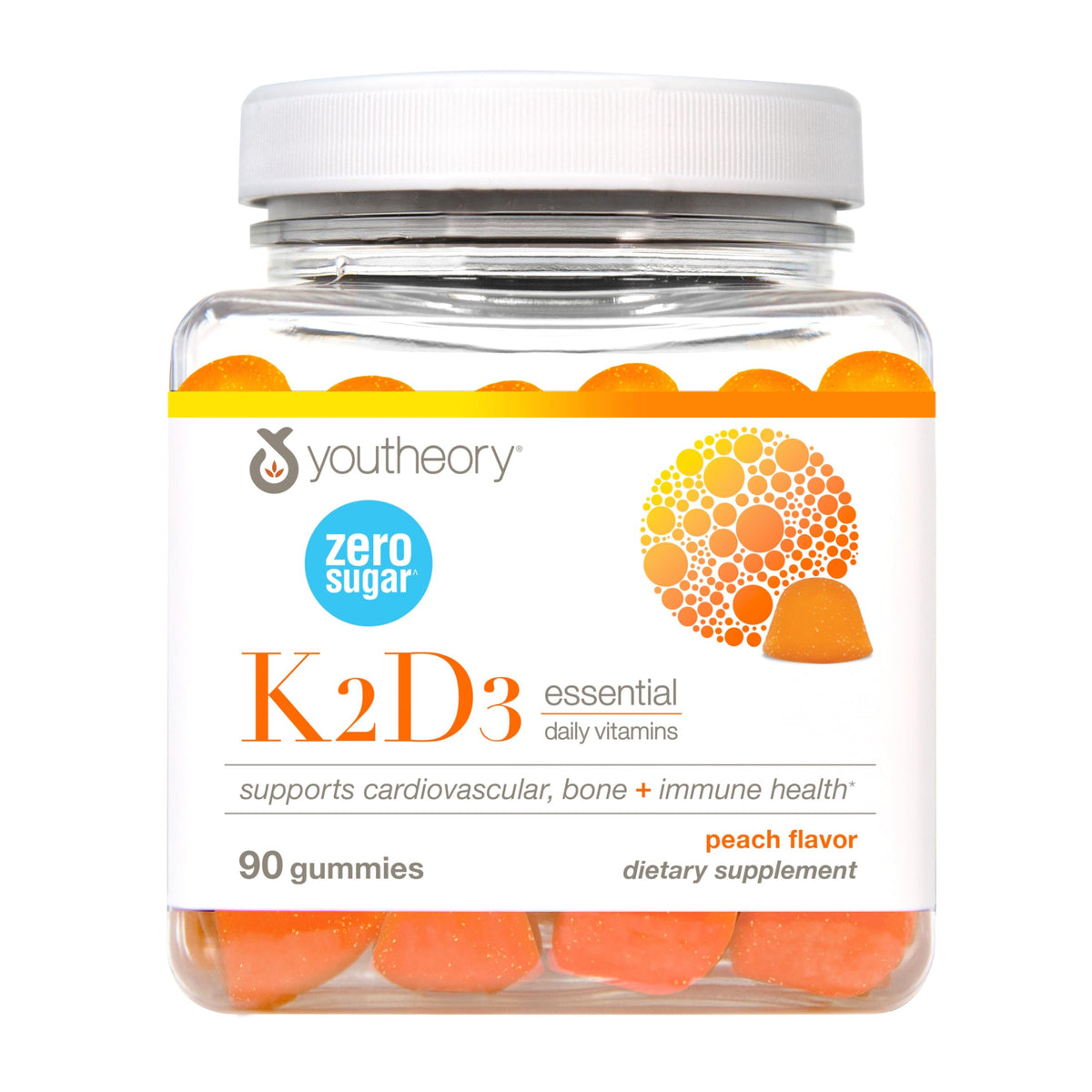 Youtheory K2D3 zero sugar gummy bottle shown for daily bone and heart support.