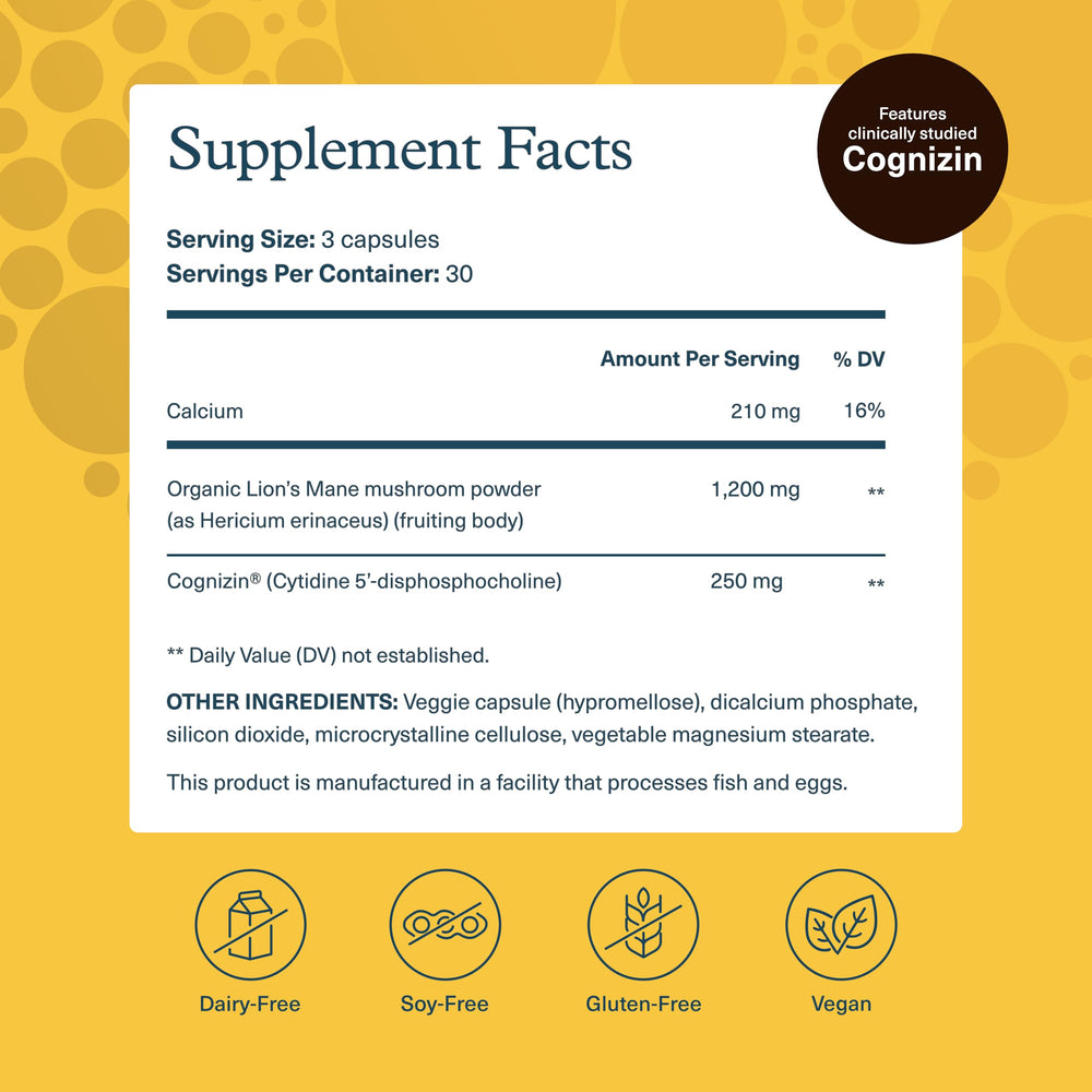 Closeup of Youtheory Lion's Mane+ capsules for easy daily use