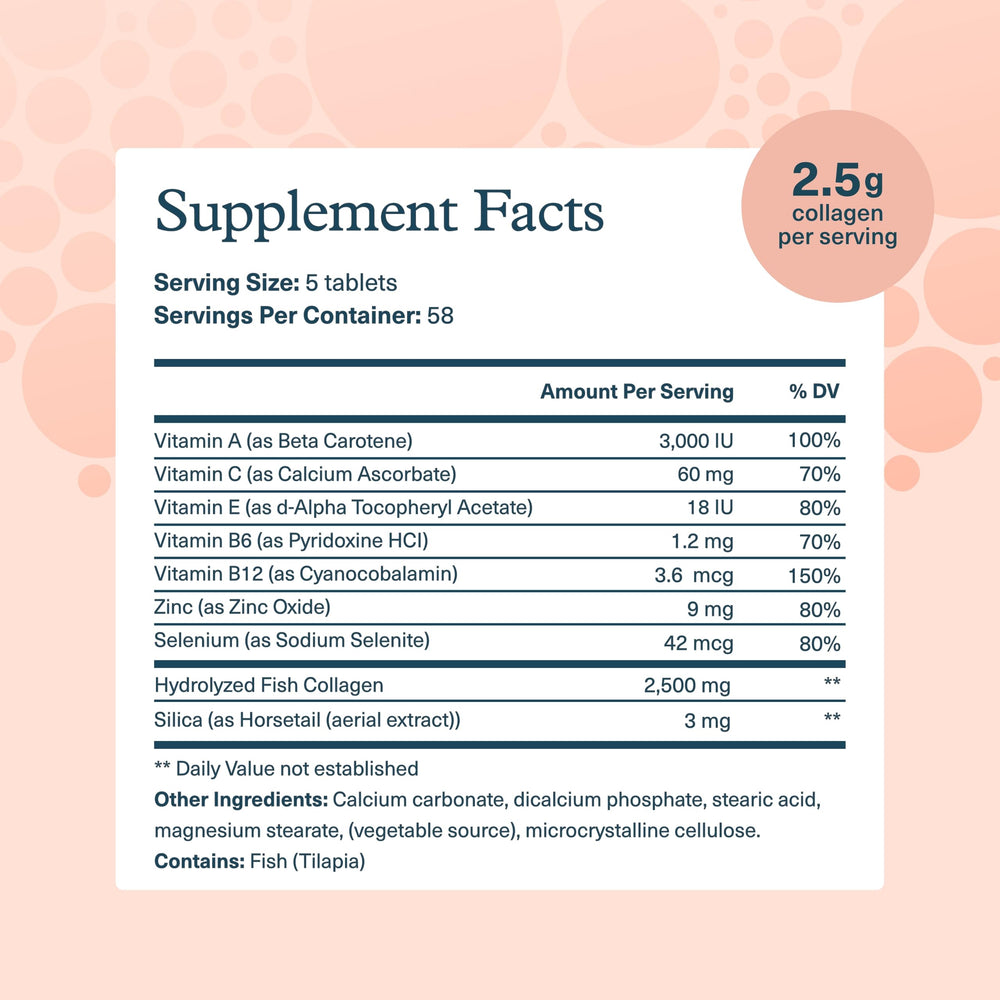 Close-up of Youtheory Marine Collagen tablets highlighting size and uniformity