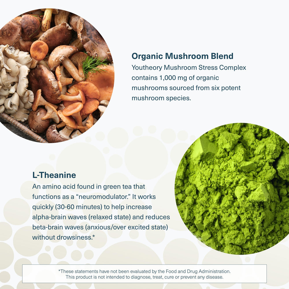 Packaging box for Youtheory Mushroom Stress Complex emphasizes vegan formula