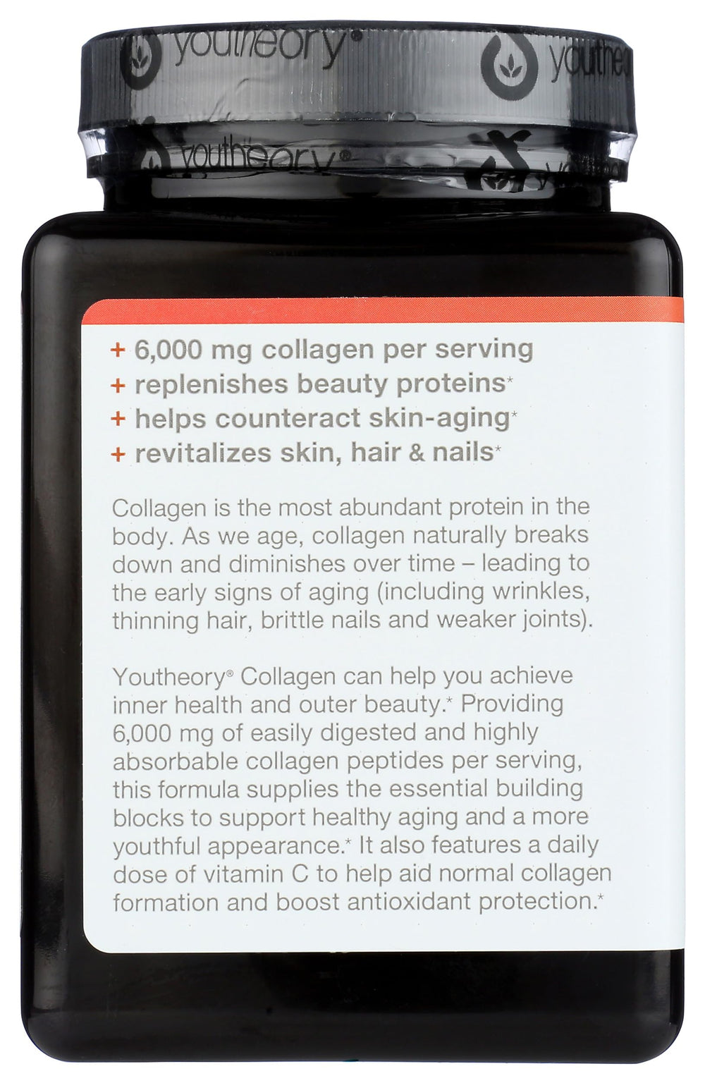 Youtheory nutrition facts panel with allergen details.