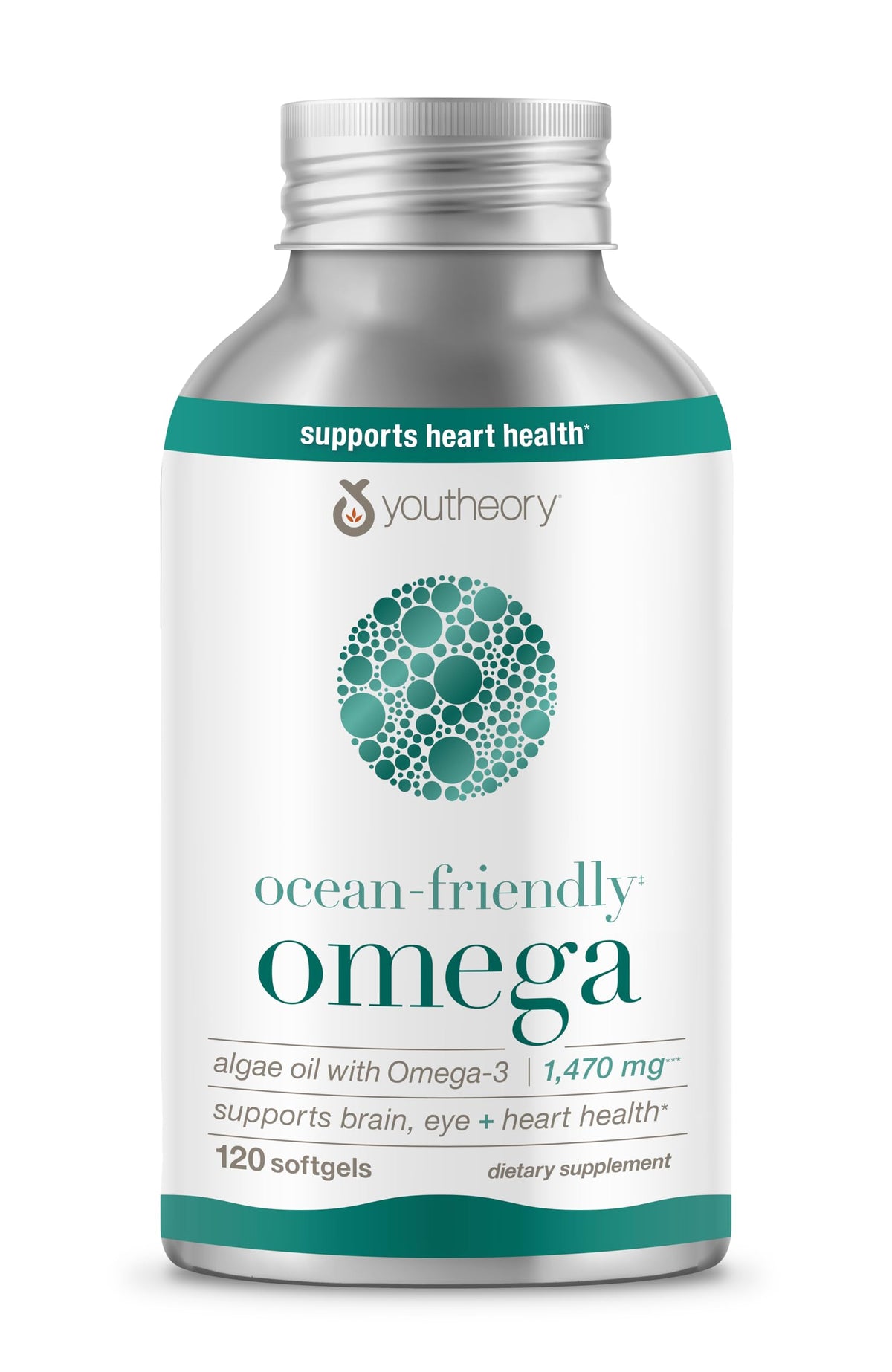 Youtheory Ocean-Friendly Omega bottle with softgels, plant-based EPA and DHA for heart, brain, eyes