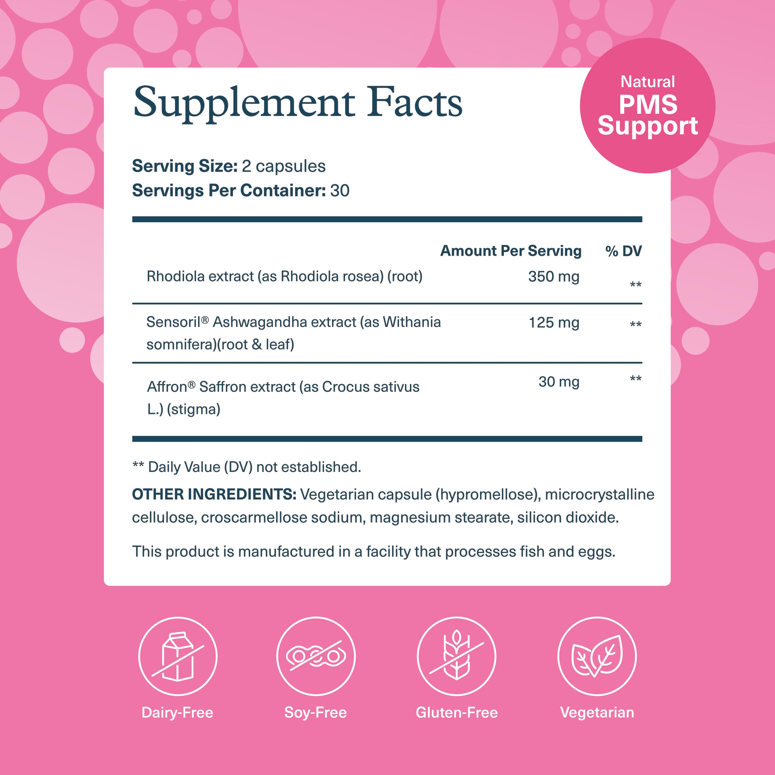 Youtheory PMS Comfort+ bottle back with ingredient details for informed use.