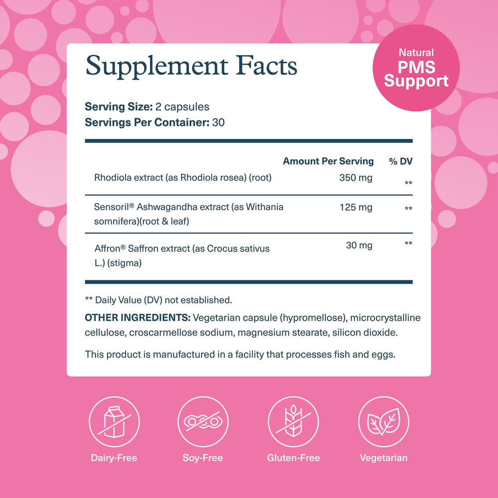 Youtheory PMS Comfort+ bottle back with ingredient details for informed use.