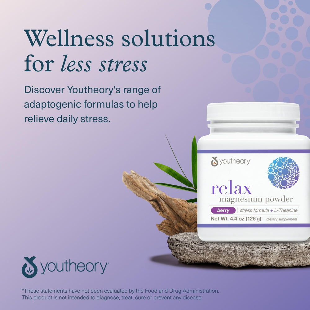 Packaging and glass jar of Youtheory Relax for on-the-go wellness