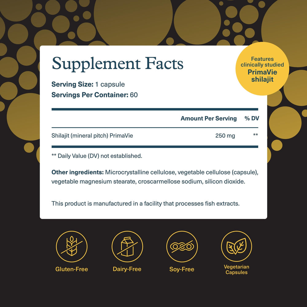 Youtheory Shilajit capsules close-up highlighting PrimaVie extract for vitality