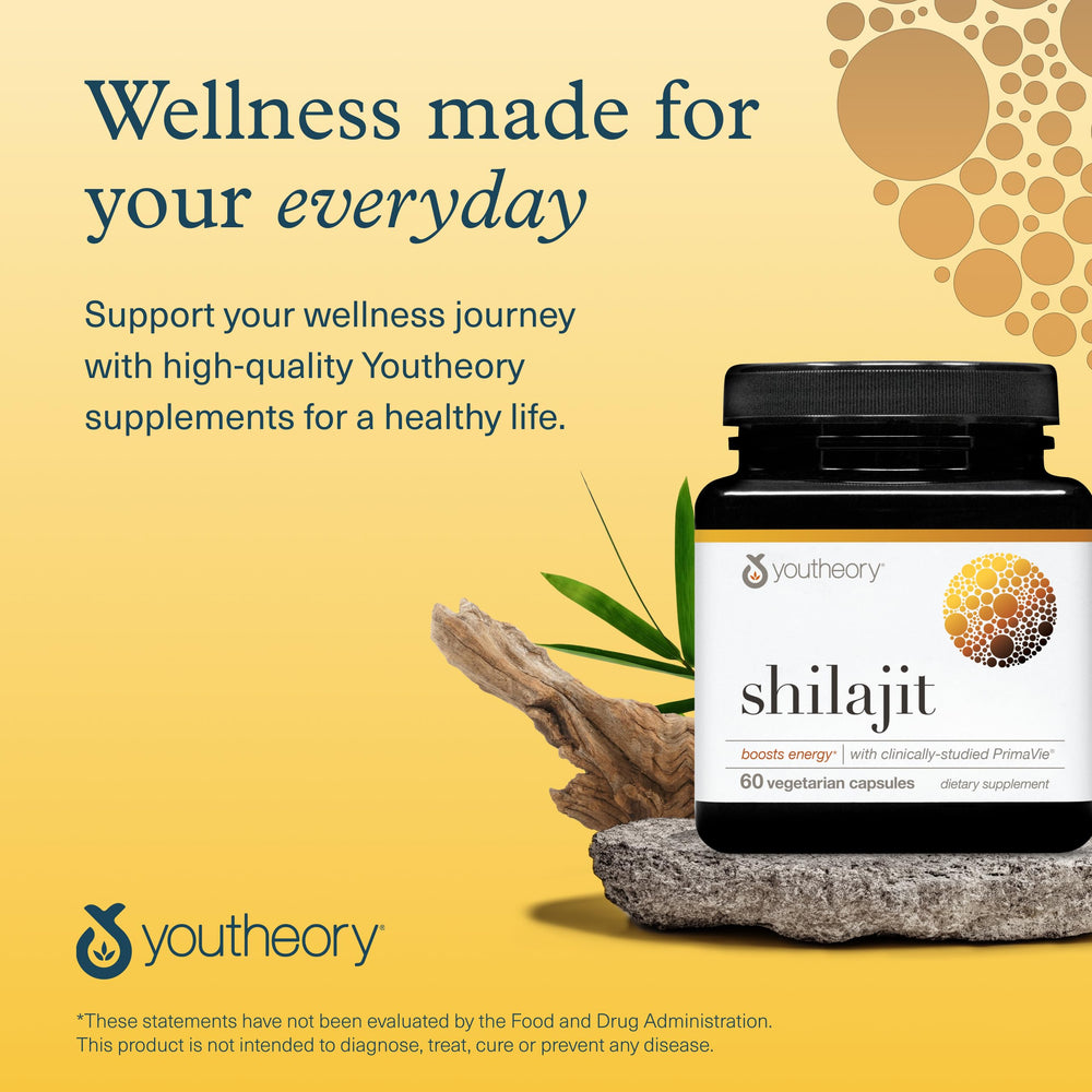 Youtheory Shilajit Primavie benefits graphic, showcasing energy and endurance possibilities