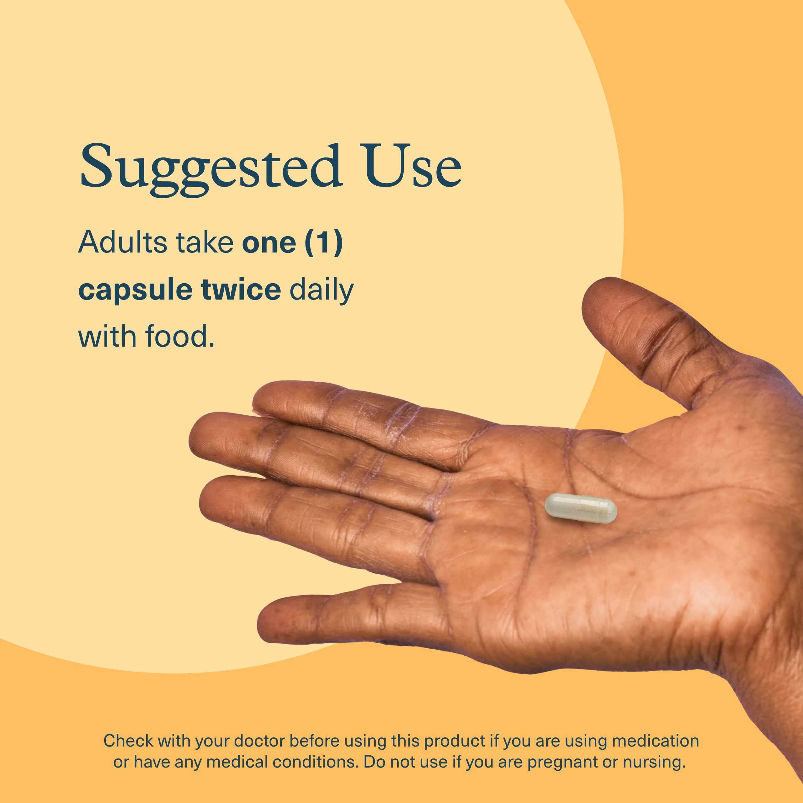 Dosage view emphasizes simple, everyday capsule intake